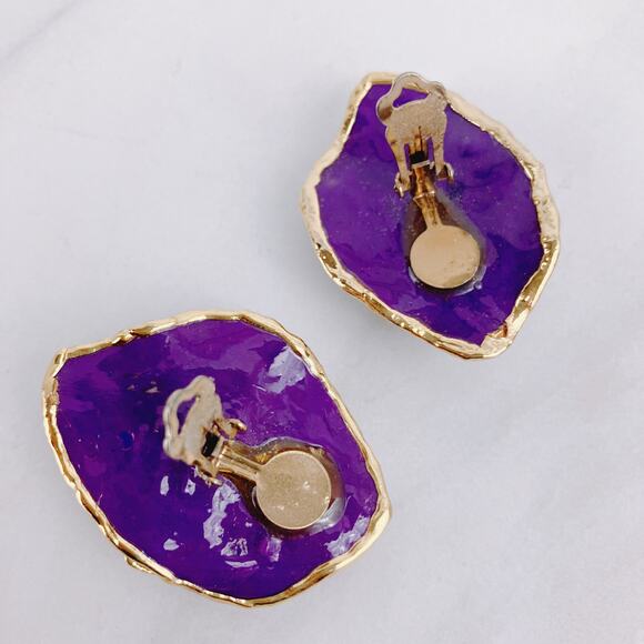 Vintage Amy Lacombe Clip-On Earrings 80s Purple Red Clay 24K Trim Statement - Picture 7 of 7